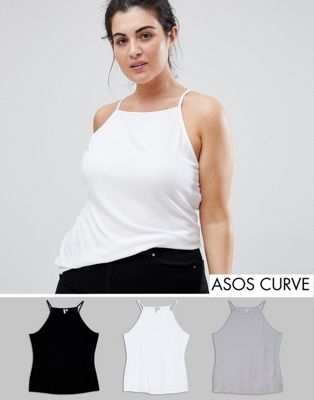 DESIGN Curve Cami With Square Neck In Fitted Rib 3 Pack Save 8%