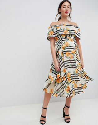 DESIGN Maternity soft bandeau midi dress in stripe and floral print