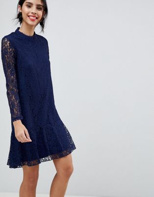 Little Mistress Lace Shift Dress With Fluted Hem
