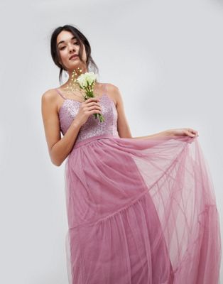 Little Mistress Bridesmaid Sequin Upper Maxi Dress With Tulle Tiered Skirt