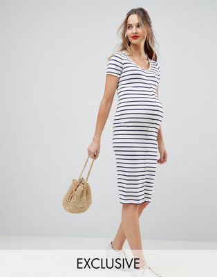 DESIGN Maternity Midi Short Sleeve Bodycon Dress With Popper Front In Stripe