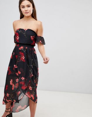 Parisian Floral Off Shoulder Midi Dress