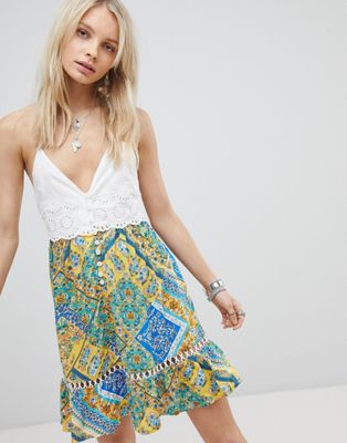 Kiss The Sky Button Down Cami Dress With Contrast Scarf Print