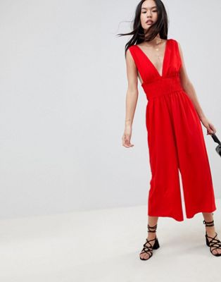 DESIGN Ruched Waist Plunge Jumpsuit
