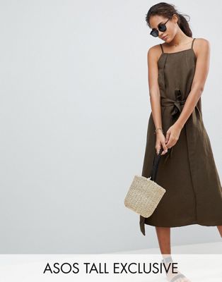 DESIGN Tall Linen Midi Dress With Tie Detail