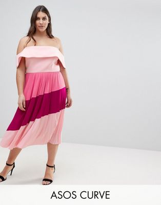 CURVE Scuba Bardot Color Block Pleated Midi Dress