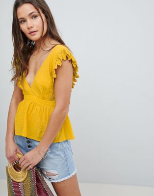 DESIGN Plunge Top With Peplum And Tie Open Back