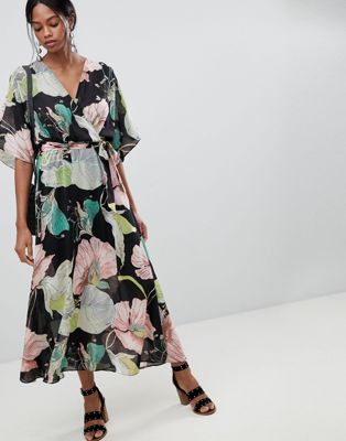Liquorish Floral Kimono Sleeve Maxi Dress With Open Back
