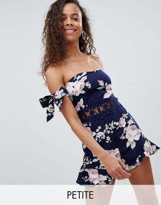 Parisian Petite Off Shoulder Floral Romper With Crochet Trim