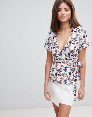 Fashion Union Wrap Top In Floral Print