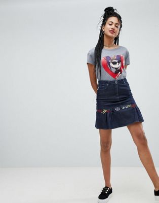 Love Moschino Embroidered Denim Frill Mini Skirt