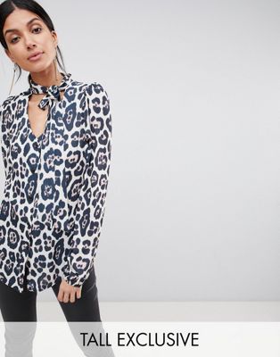 John Zack Tall Plunge Front Blouse With Neck Tie In Leopard