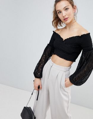 DESIGN Off Shoulder Shirred Top With Lace Sleeve