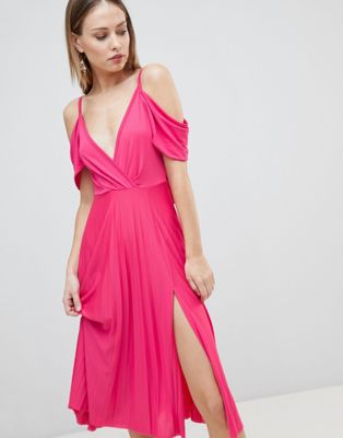 DESIGN cold shoulder cowl back pleated midi dress