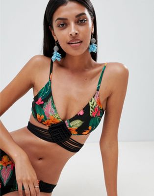 DESIGN Exotic Leaf Print Hand Macrame Triangle Bikini Top