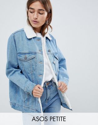 DESIGN Petite denim jacket with fleece collar in midwash blue