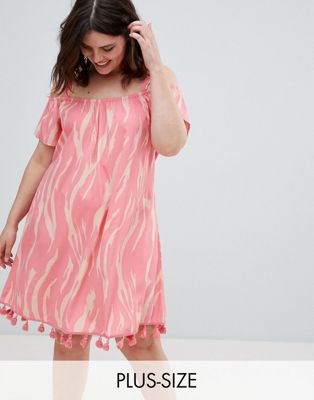 Junarose Printed Cold Shoulder Dress With Pom Detail