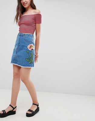 Influence Floral Embroidered Denim Skirt