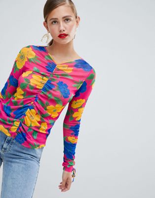 DESIGN Ruched Long Sleeve Top In Bright Floral Print