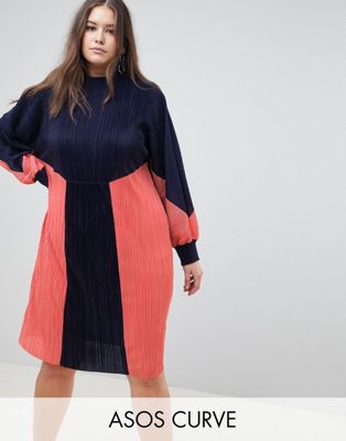 DESIGN Curve color block plisse sweat dress
