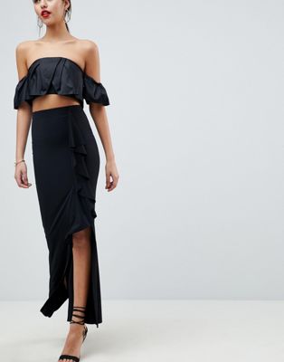 DESIGN Slinky Maxi Skirt With Split And Front Ruffle