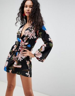 Parisian Floral Print Wrap Romper