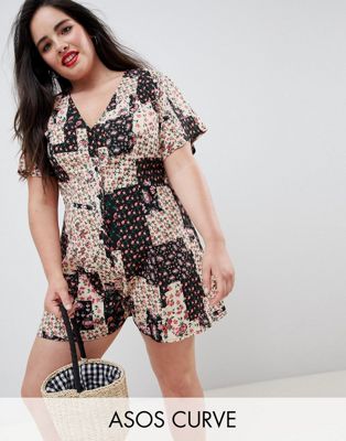 DESIGN Curve Swing Romper With Button Front In Patchwork Floral Print