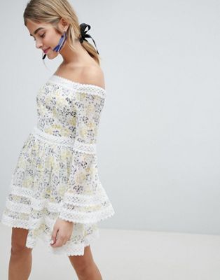 Dolly & Delicious Allover Floral Bardot Skater Dress With Fluted Sleeve Detail