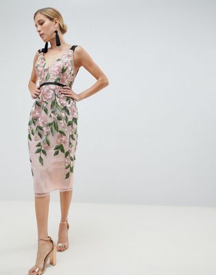 DESIGN Floral Embroidered Pencil Midi Dress