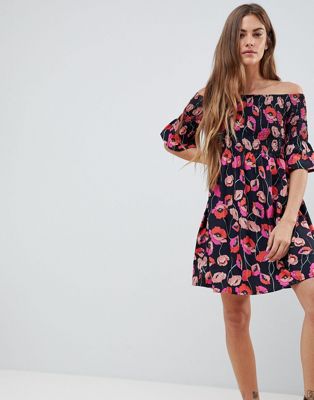 Daisy Street Off Shoulder Dress with Shirring in Floral Print