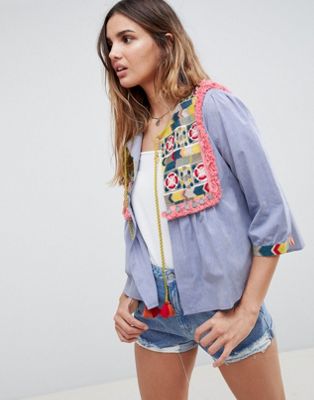 Glamorous Bed Jacket With Embroidered Panel And Tassle Ties In Chambray