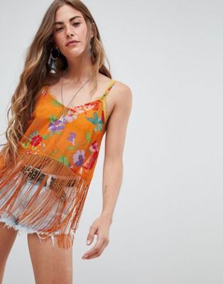 DESIGN Tie Back Cami In Print With Fringe Detail