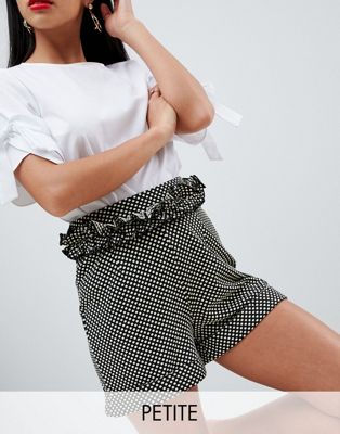 Lost Ink Petite Shorts With Ruffle Waist In Polka Dot