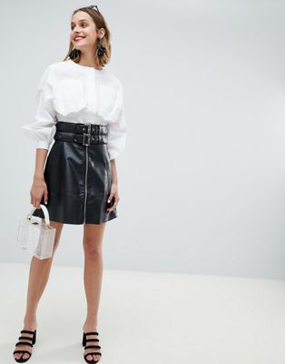 Lost Ink Biker Skirt With Double Buckle And Zip Front In Faux Leather