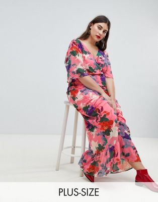 Lost Ink Plus Maxi Kimono Sleeve Maxi Dress In Oversized Floral Print