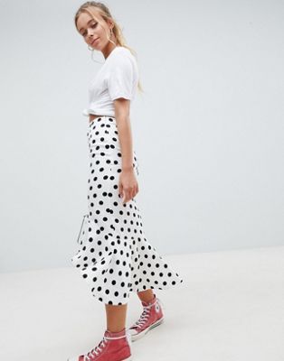 DESIGN midi skirt with ruffle detail in polka dot print