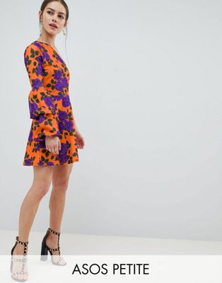 DESIGN Petite one shoulder mini skater dress with double bubble sleeve