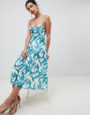 DESIGN knot front pleated midi dress in palm print