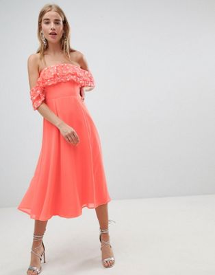 DESIGN bardot midi dress with embellished frill top
