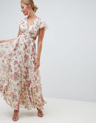 DESIGN pleated ruffle maxi dress with cut out in floral print