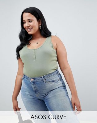 DESIGN Curve button tank in rib in khaki