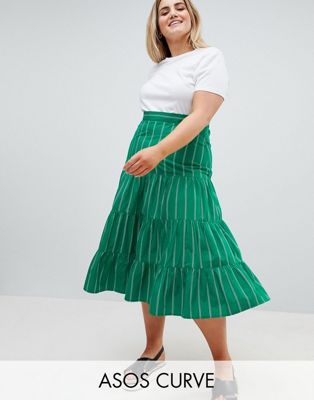 DESIGN Curve tiered cotton midi skirt in green stripe