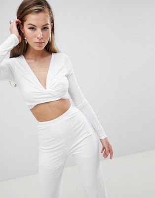 Club L Long Sleeve Wrap Twist Slinky Top