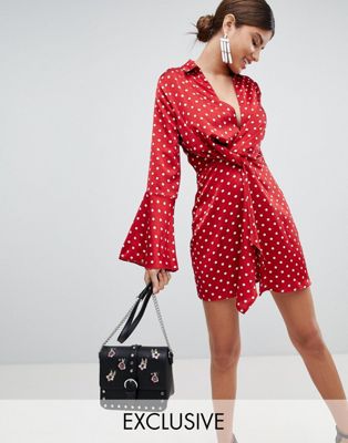 Missguided Twist Front Flare Sleeve Polka Dot Mini Dress