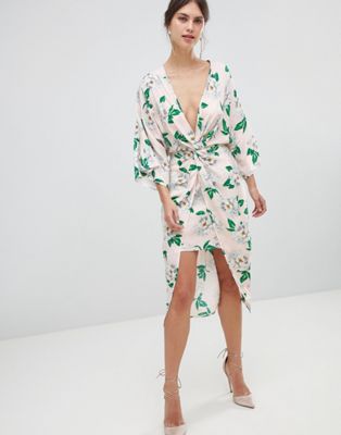 DESIGN pretty floral satin kimono midi dress