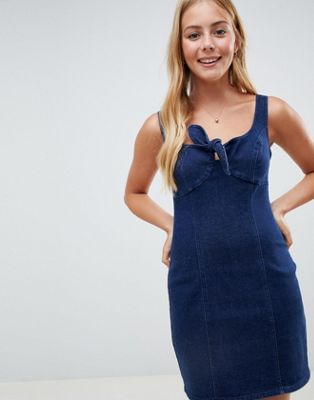 DESIGN denim tie front mini dress in darkwash blue