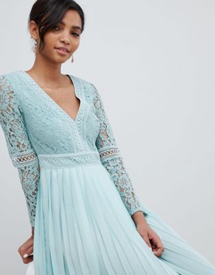 Little Mistress lace top midi skater dress with pleated skirt in spearmint