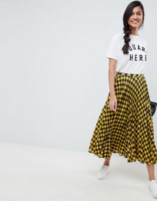 DESIGN yellow check pleated midi skirt