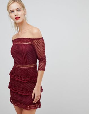 Liquorish Off Shoulder Layered Lace Dress