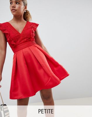 Little Mistress Petite frilly lace mini skater prom dress in pomegranate